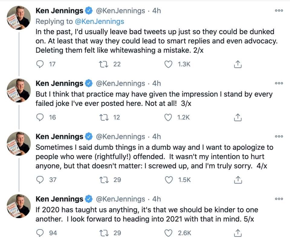 Ken Jennings posted a series of tweets apologizing for anyone offending him on social media.  (Image: Twitter)