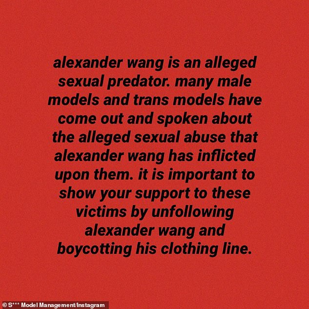 'Sexual predator': On December 28, the agency's S *** Model Management account shared eight anonymous quotes from victims who claimed Wang drugged them with MDMA, groped them and raped them.