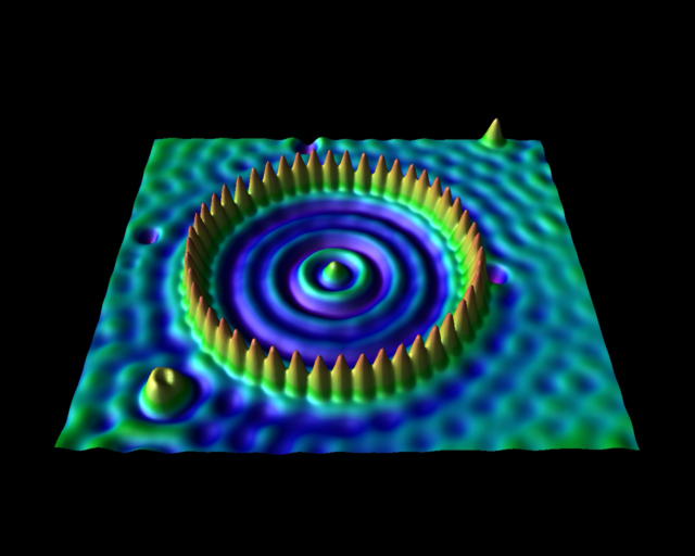 Um curral circular feito de 48 átomos de ferro (picos agudos) em uma placa de cobre.  A onda de um elétron preso dentro da dobra pode ser vista claramente.