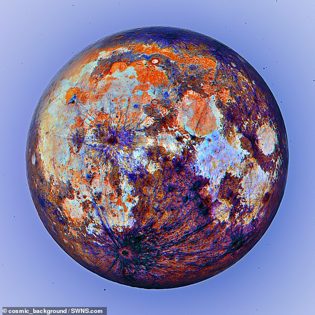 Esta impressionante imagem da lua em cores de cabeça para baixo mostra onde o magma fluiu - e como seria com uma 'visão metálica'