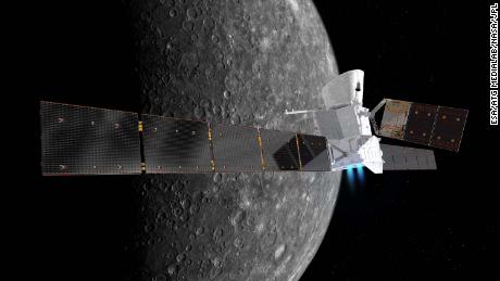 Esta é uma impressão artística da espaçonave BepiColombo com Mercúrio ao fundo.