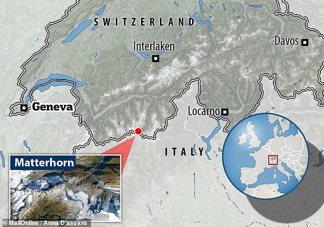 O Matterhorn - que fica na fronteira entre a Suíça e a Itália - fica a 14.692 pés (4.478 metros) acima do nível do mar, com vista para a cidade de Zermatt
