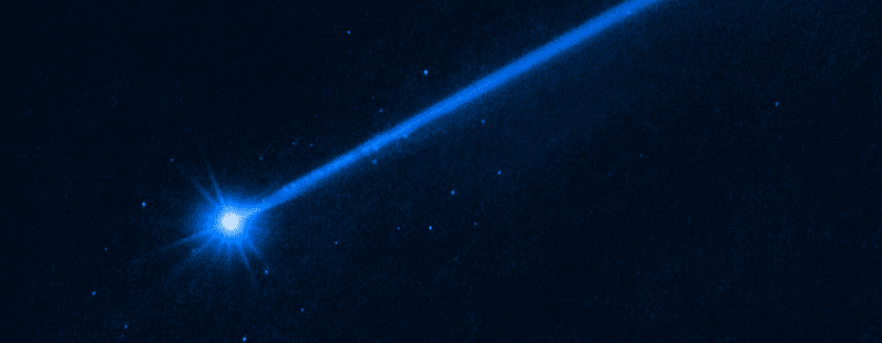 A linha azul corre diagonalmente em um fundo preto, com um ponto mais claro no final da linha no canto inferior esquerdo.