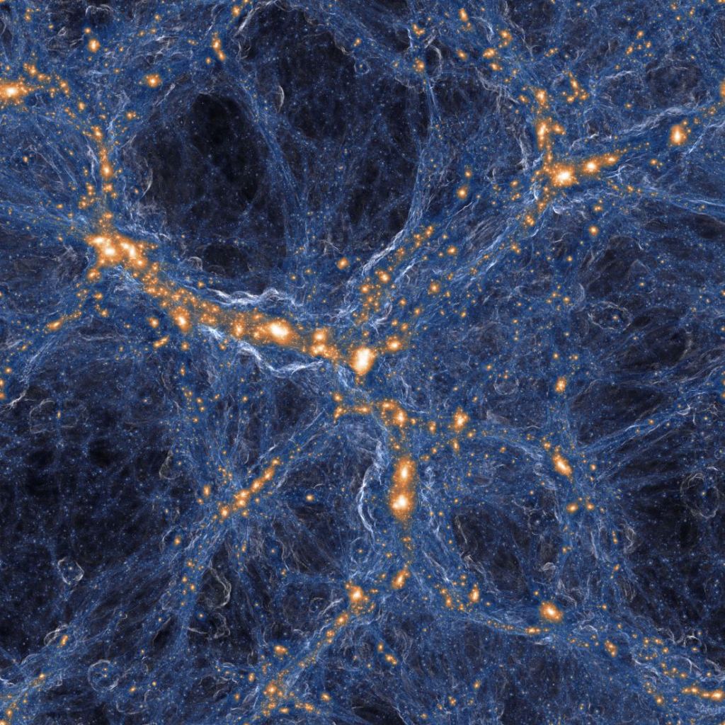 Modelo composto de distribuição de matéria (com sobreposição de matéria escura) em uma simulação de formação de galáxias pela TNG Collaboration. 