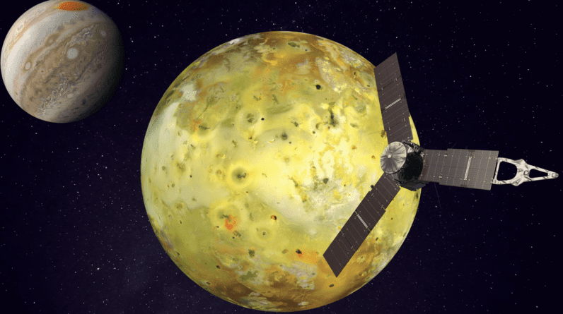 An illustration shows the Juno spacecraft flying past Io as Jupiter lurks in the background.