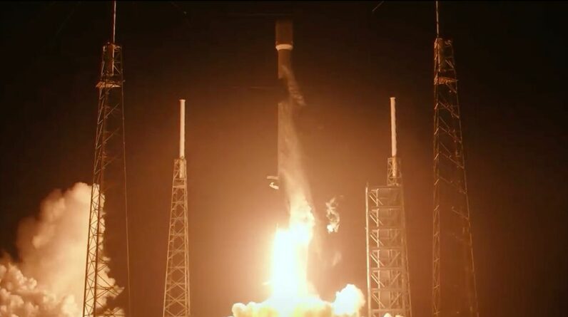A SpaceX Falcon 9 rocket launches 22 Starlink satellites on Oct. 5, 2023. It was SpaceX