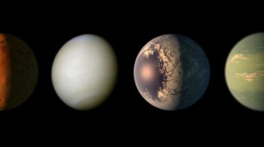 A varredura das atmosferas de exoplanetas, como as do sistema TRAPPIST-1 (o conceito técnico de quatro dos sete planetas do sistema mostrado), pode revelar moléculas interessantes que podem indicar a presença de vida.  Mas descartar falsos positivos será um desafio.