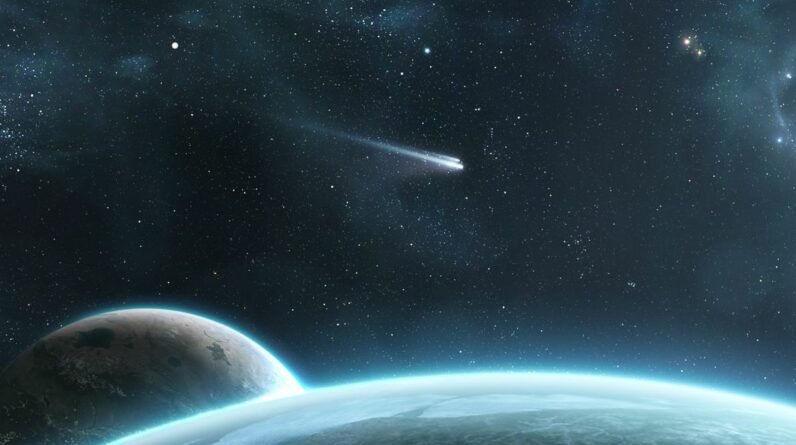 a comet flies through space above a large planet