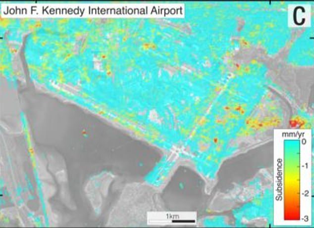 Isso também incluiu aeroportos populares: o Aeroporto Internacional John F. Kennedy (JFK) cai 1,7 mm por ano