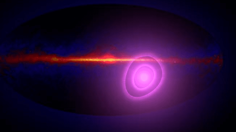 illustration showing two concentric purple rings and a long, thin orange line in deep space.