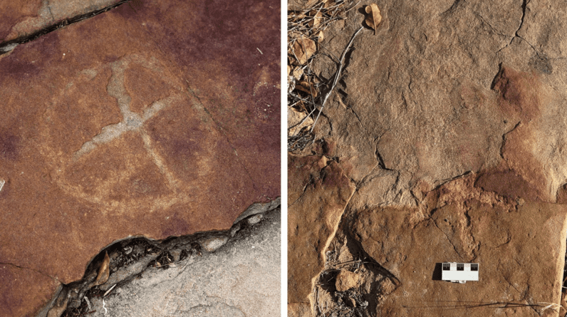 Humanos antigos deixaram desenhos ao lado de pegadas de dinossauros no Brasil