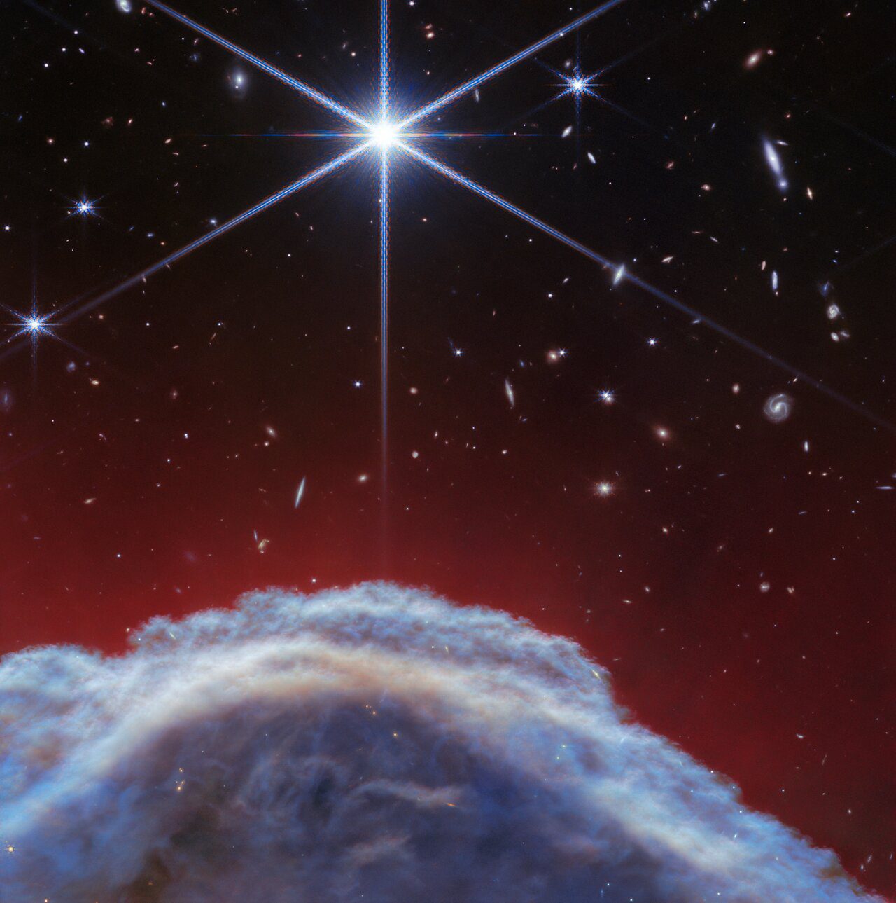 Uma imagem aproximada da Nebulosa Cabeça de Cavalo vista usando o instrumento NIRCam (Near Infrared Camera) do JWST.