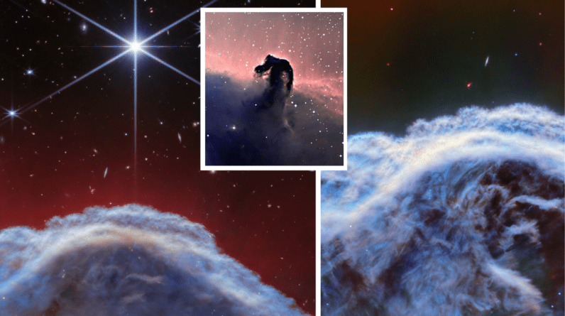 (Left) an image of part of the Horsehead nebula as seen by the JWST