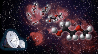 A view of space with an illustration of molecules on the right and a telescope array on the bottom left.