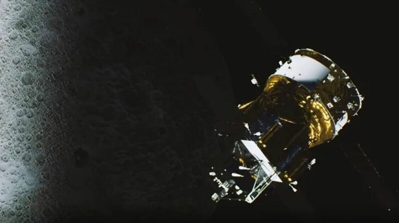a gold-foil-covered cylindrical spacecraft above the moon