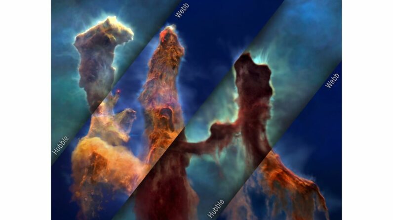 three tall pillars of cosmic gas and dust glow orange-red in deep space