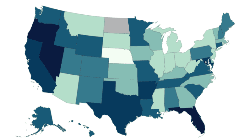 O mapa mostra estados onde os níveis de Covid são “altos” ou “muito altos” à medida que o aumento repentino do verão se espalha