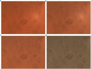 (a) Produto de dados de nível 2c como entrada, (b) imagem de correção atmosférica, (c) imagem de correção fotométrica e (d) imagem de correção de cor. Direitos autorais ©science China Press